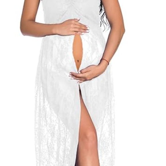 Strapless See Through Lace Maternity Photography Gown Split Front Dress SIZE M - Picture 3 of 5